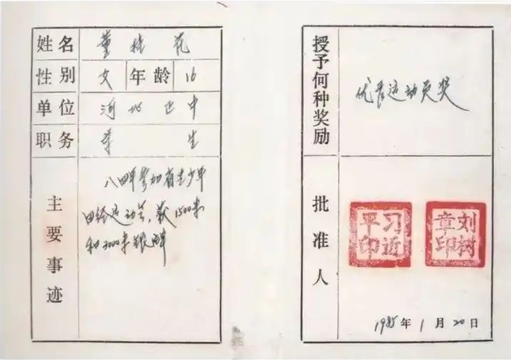 圖為1985年1月，時任正定縣委書記的習(xí)近平為參賽運動員頒發(fā)的“優(yōu)秀運動員獎”。
